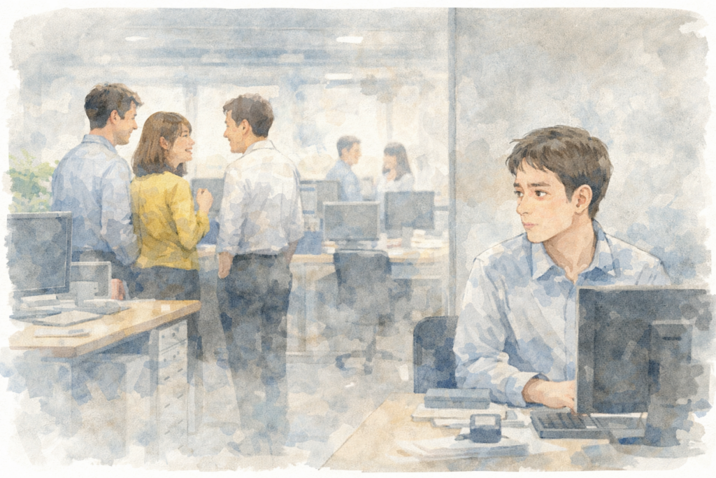 職場で孤立する男性。嫌われてるかと不安そう。