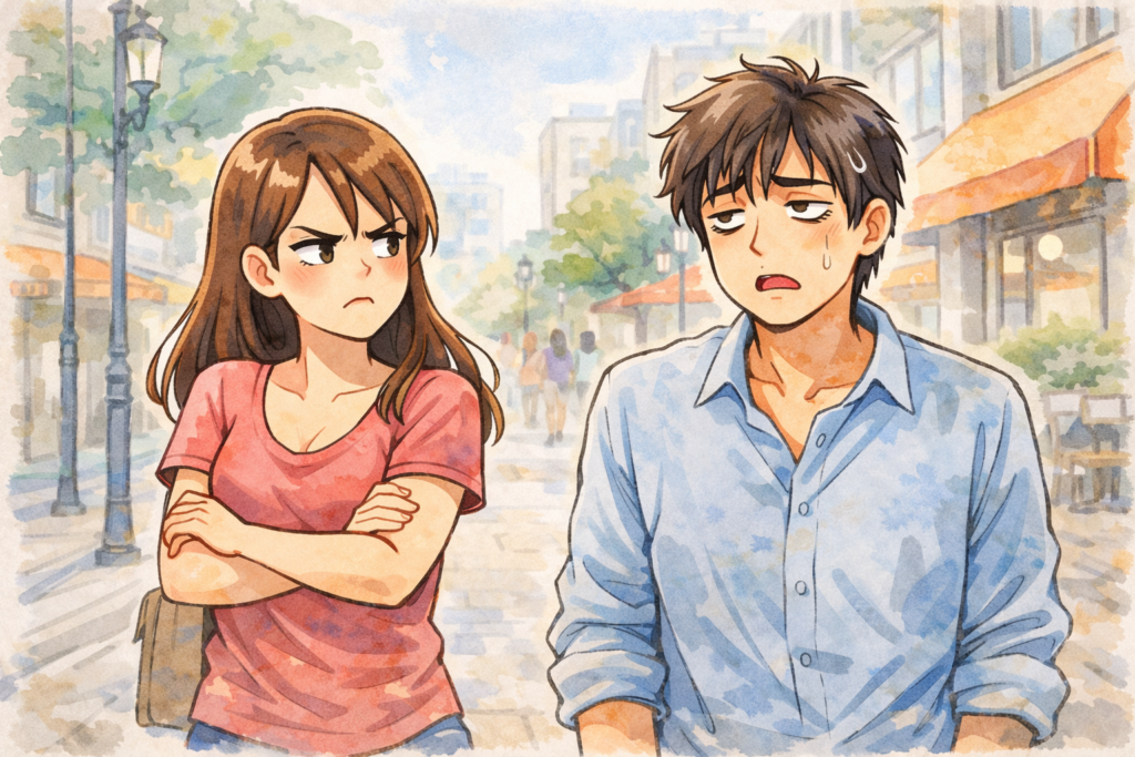 デート中のカップル。彼女は不機嫌、彼氏は疲れている。