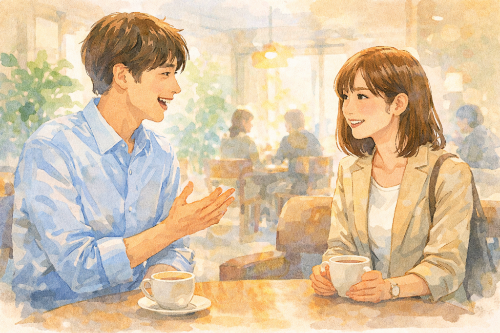 初対面でも笑顔で会話する男女。