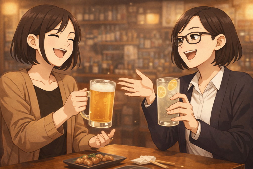 焼き鳥屋で会話が盛り上がるナナとミカコ。