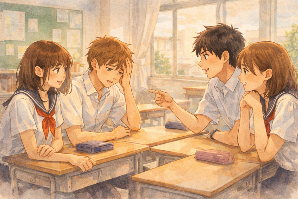 教室で雑談する制服姿の男女４名。
