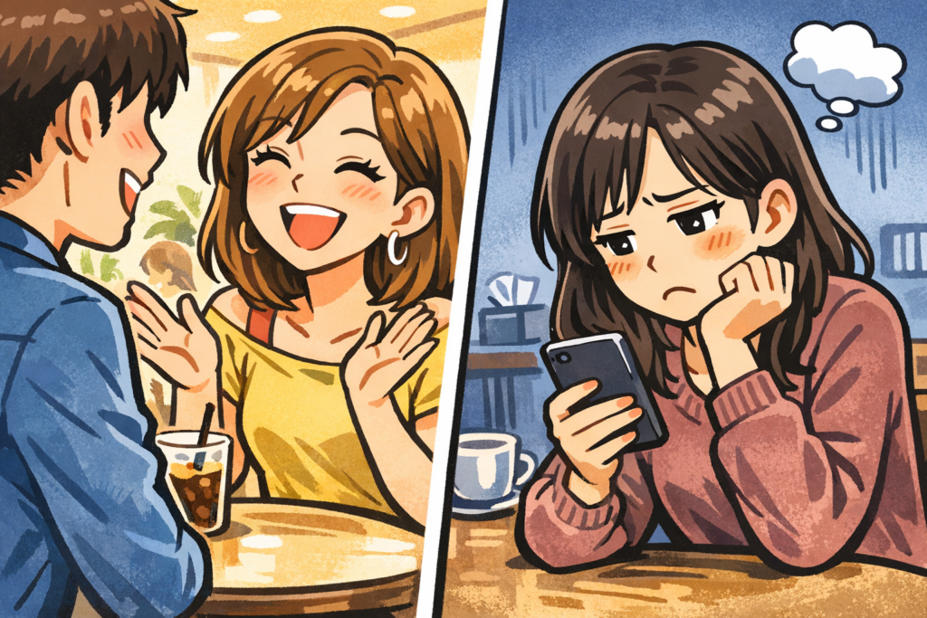 彼氏ができやすい社交的な女性とスマホばかりに夢中な女性。