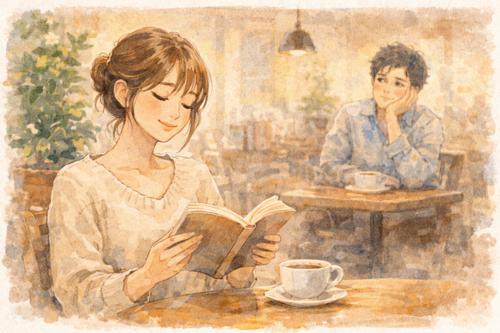カフェでひとり読者を楽しむ女性。周囲に媚びない自然体の姿。