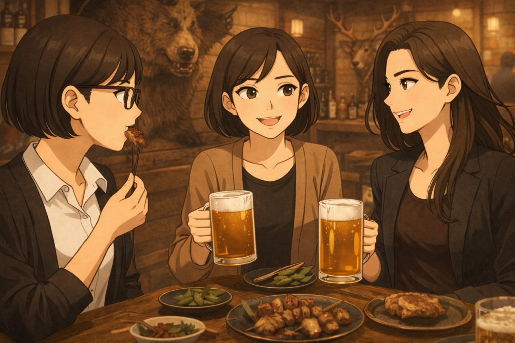 ジビエ料理を食べながら会話を楽しむミカコ、ナナ、ミサキ。