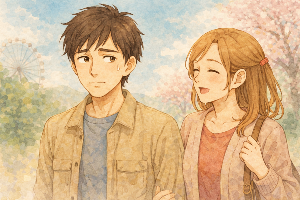 並んで歩く男女。男性は脈なしっぽい表情。