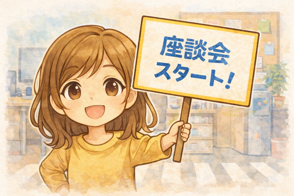 座談会スタートの看板を持つミユ。