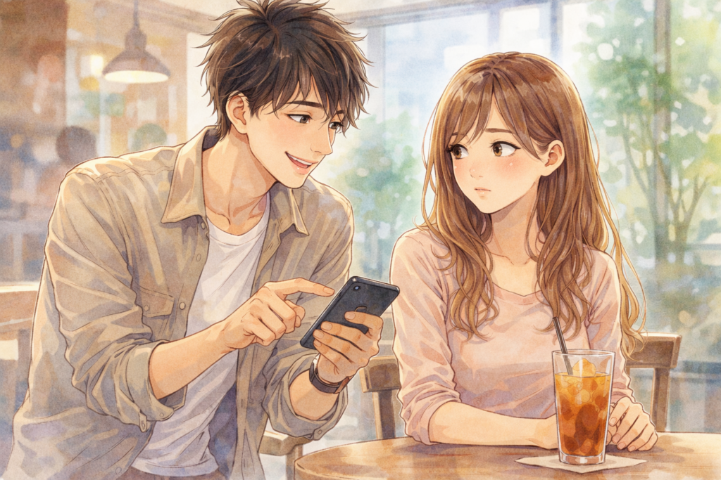 急に距離を縮めようとする男性と、それに引く女性。