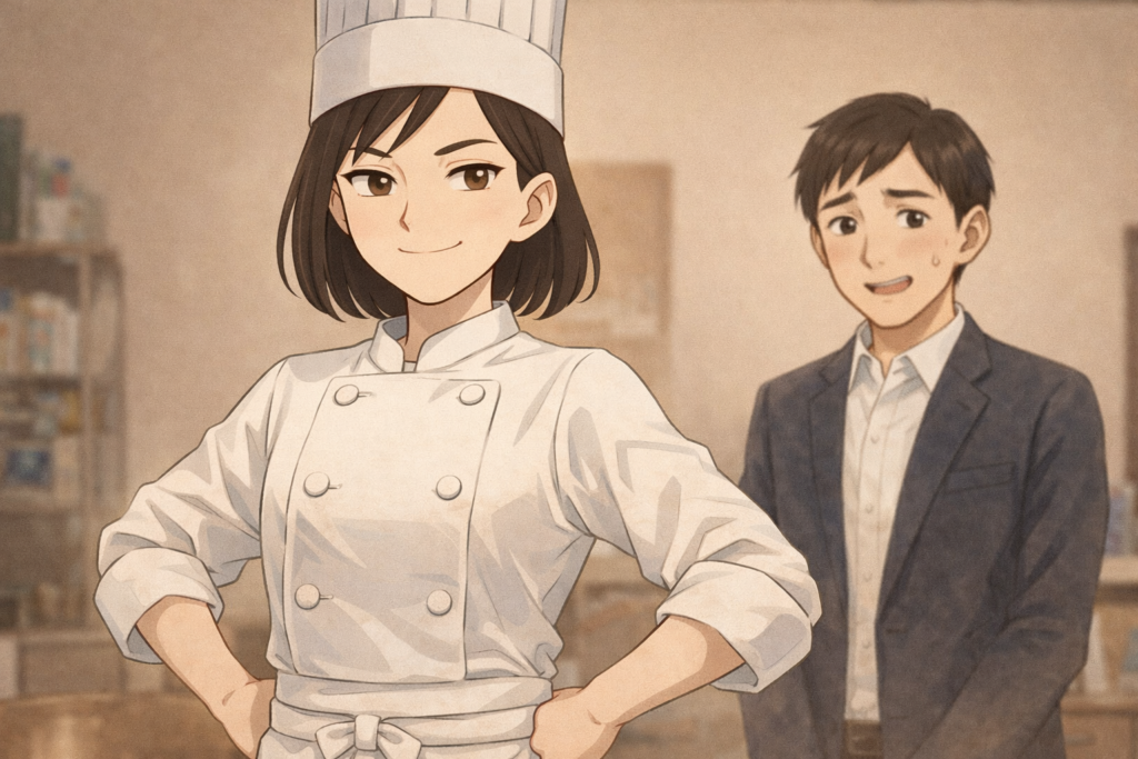 料理人の格好のナナと苦笑いするリク。