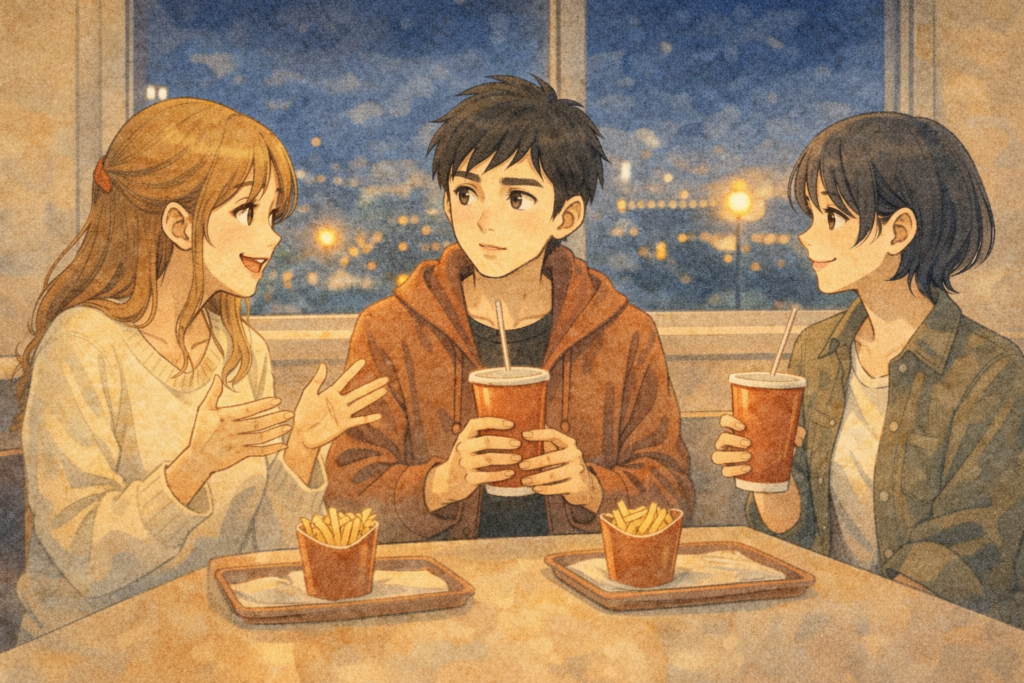 大学生の脈ありサインについて語る、アカリ、ハルキ、シュウ。