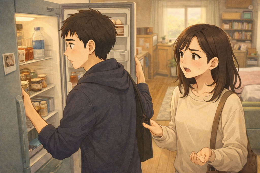 冷蔵庫を勝手に開ける男性と、困惑する女性。