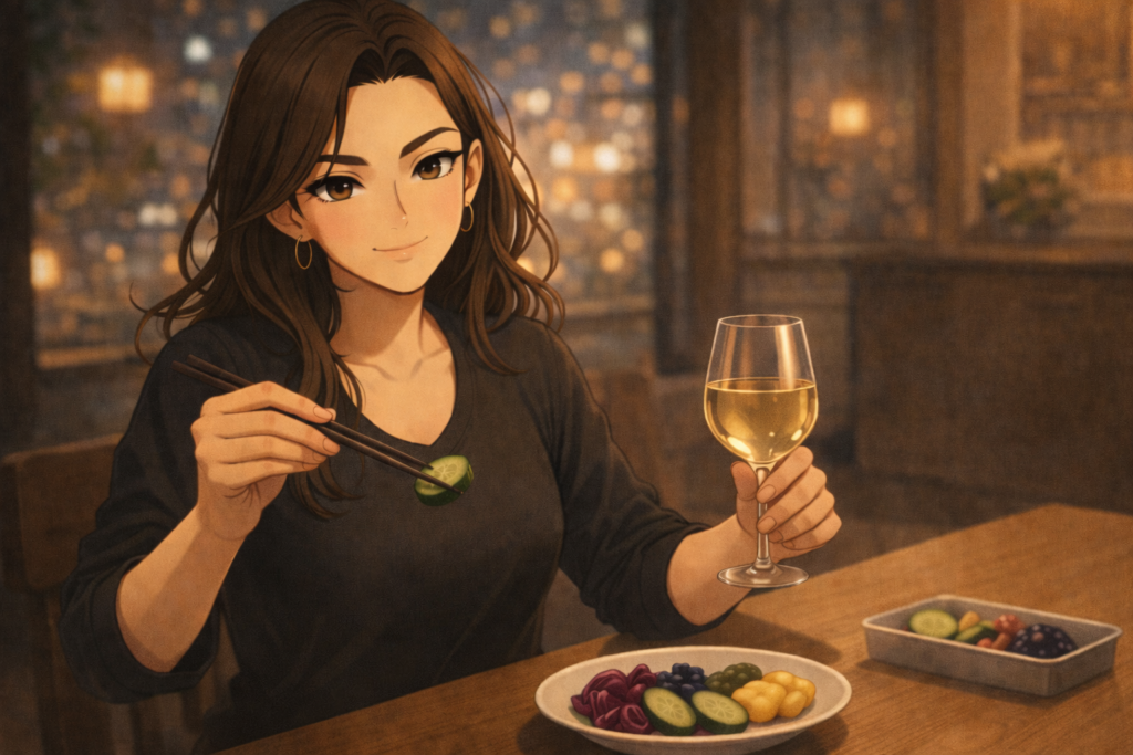 漬物をつまみに白ワインを楽しむミサキ。