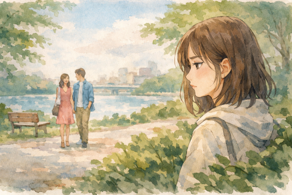 恋人と楽しそうな友達に嫉妬する女性。