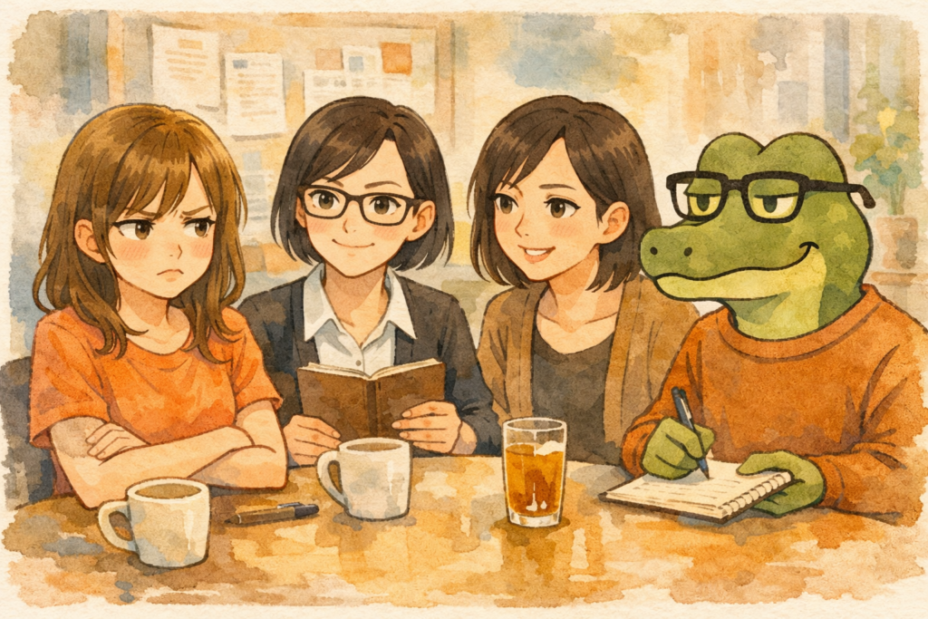 色気ないと言われて面白くないミユ。話を聞くミカコ、ナナ、ワニオ。