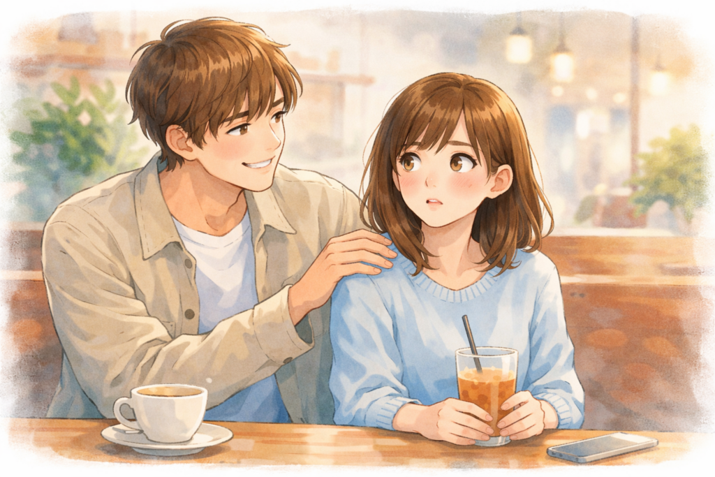 彼女の肩に手を置く彼氏。