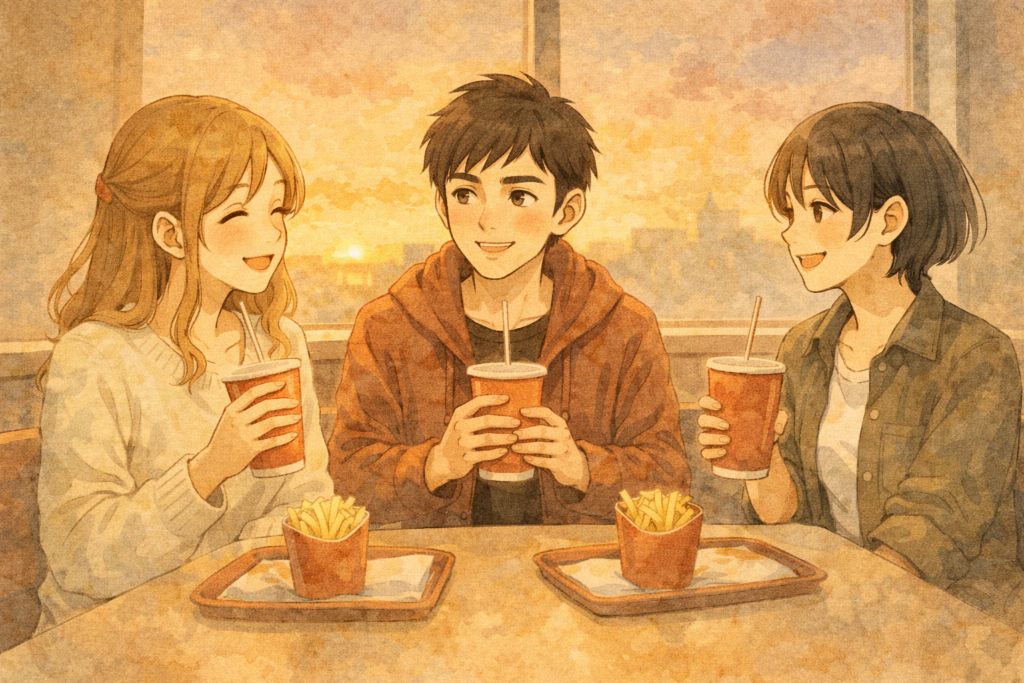 座談会を開始する青春トリオ。