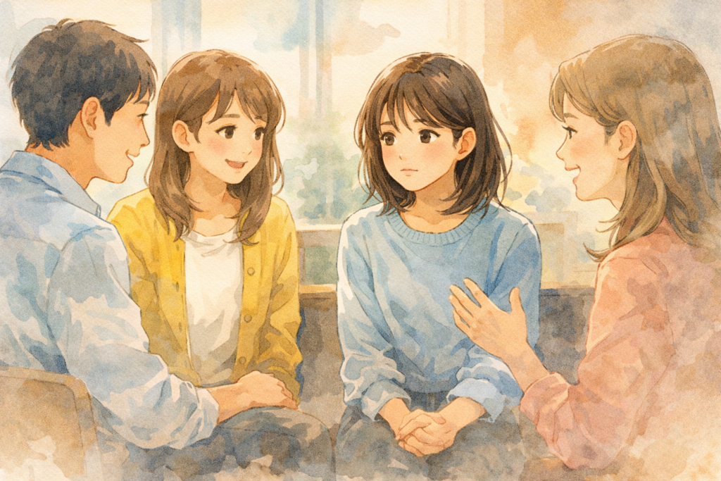 まだ慣れていない人々の輪に入る女性。