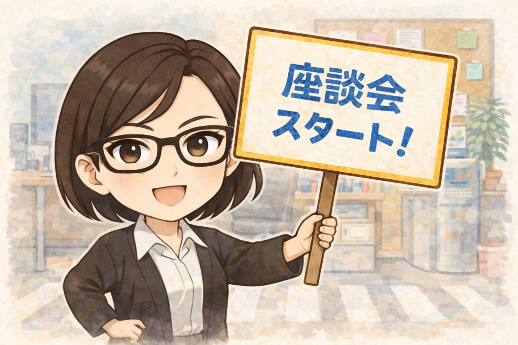 ミニキャラミカコが座談会開始を宣言している。