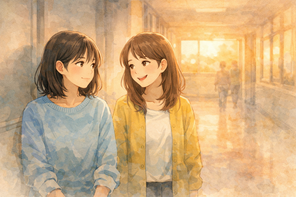 女性ふたりが会話をしている。少しずつ新しい環境に馴染んでいくイメージ。