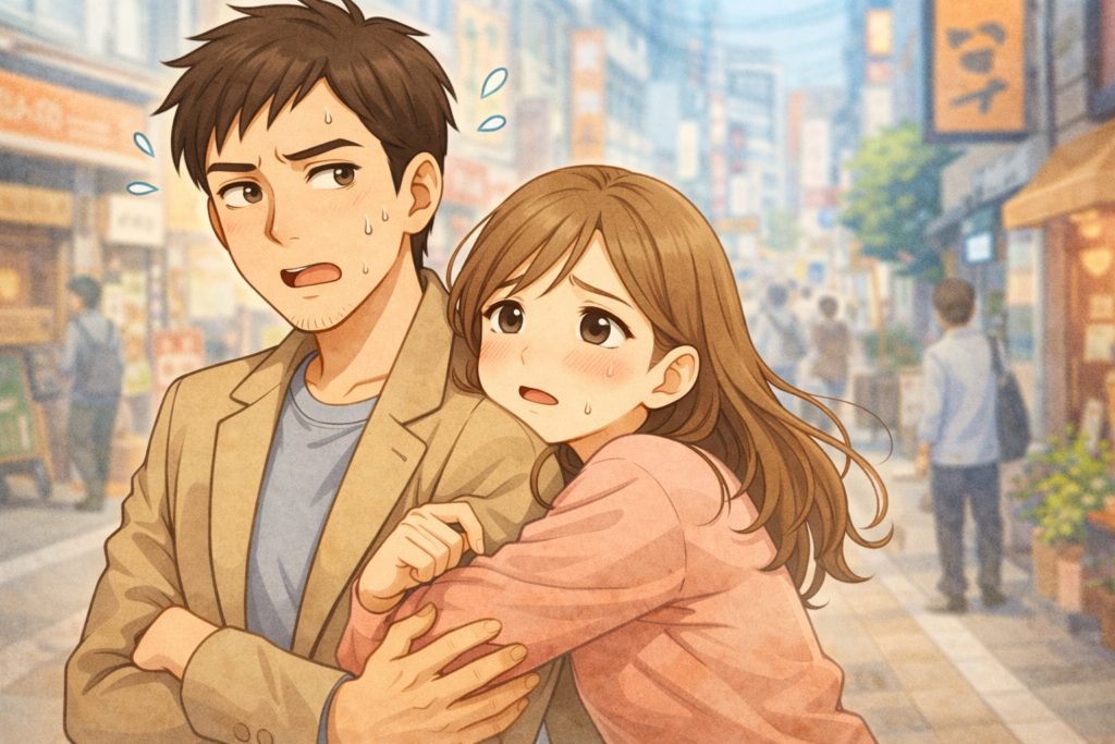 彼氏にしがみつく彼女。重たい彼女を表現。