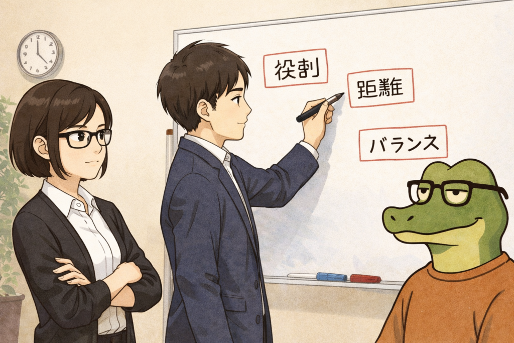 ホワイトボードに字を書くリク。それを見るミカコとワニオ。友人関係に疲れるメカニズムについて分析している。