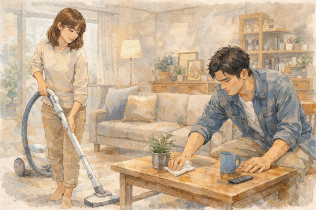掃除機をかける彼女と拭き掃除する彼氏。