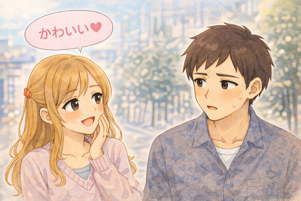 女性が男性にかわいいと声をかけている。