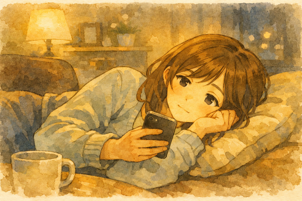 自宅で寝転びながらデートの誘いの返答を考えるミユ。