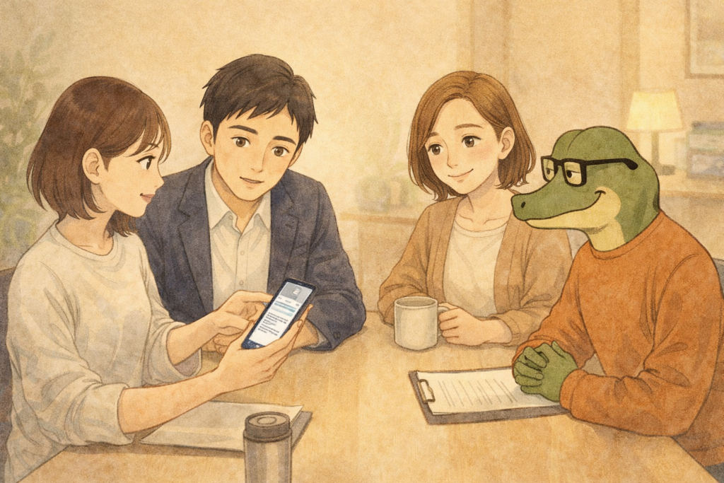 座談会をするミユ、リク、マリ、ワニオ。