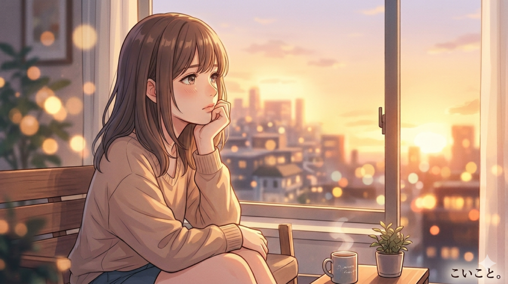 好きな人と離れることについて考え込む女性。