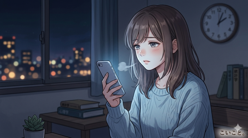 自分の部屋でスマホ片手にため息をつく女性。