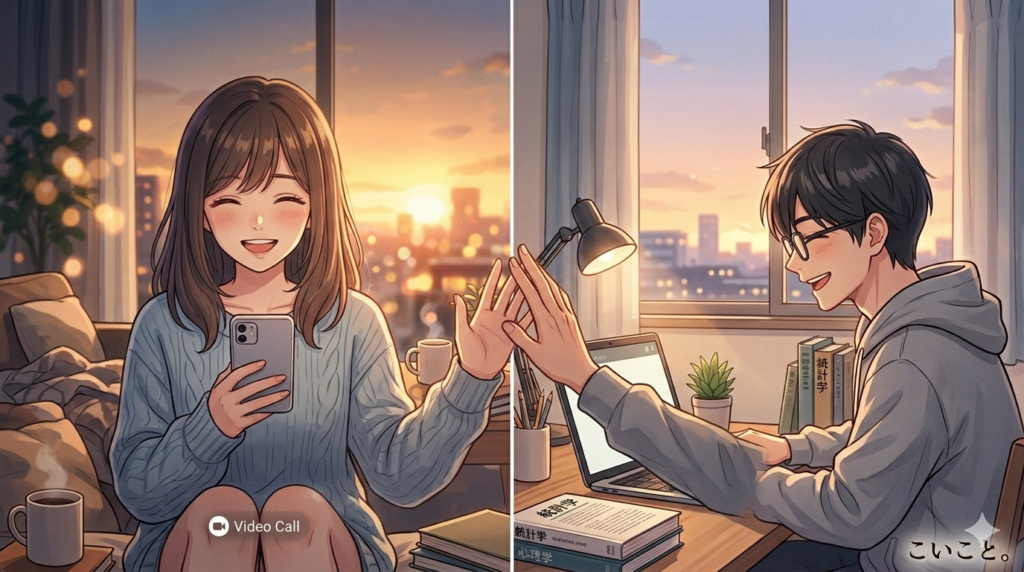 ビデオ通話する男女。遠距離でも繋がっているイメージ。