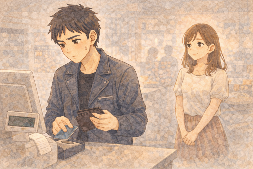 お会計を支払う彼氏、それを待つ彼女。デートの支払いについて考えてもらうイラスト。