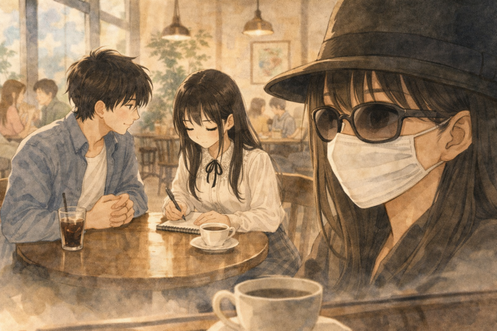 ソウタとツムギのデート（？）を変装したミサキが観察している。