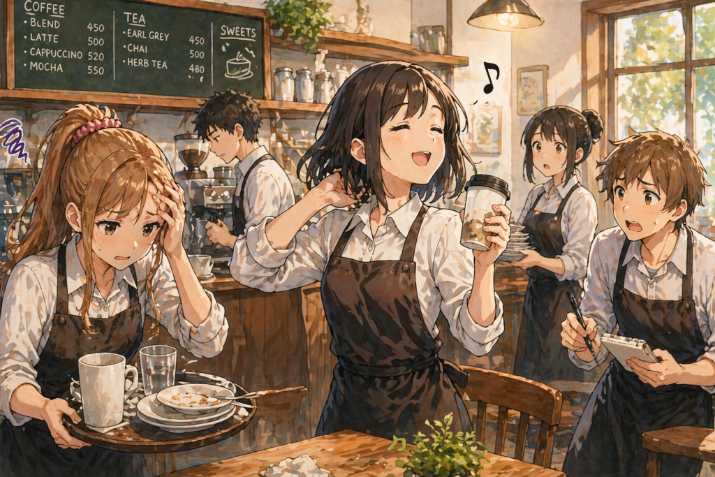 仕事中に自分勝手な行動をする女性。頭を抱えるアカリ。