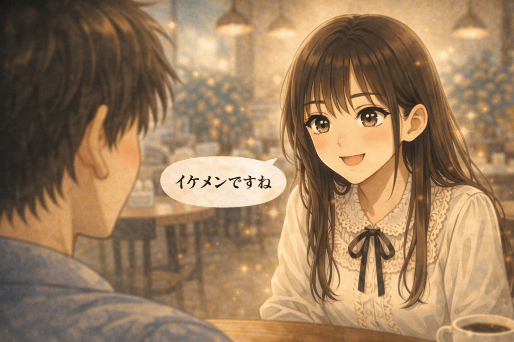 女子にイケメンと言われて脈ありと勘違いする構図。