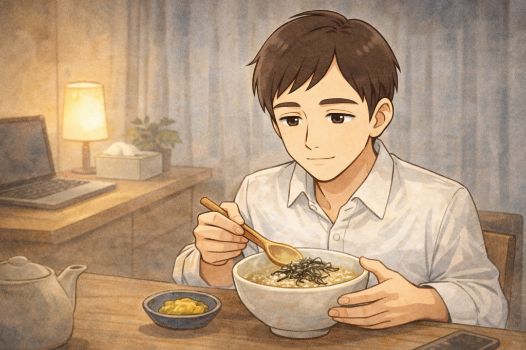 だし茶漬けを食べるリク。