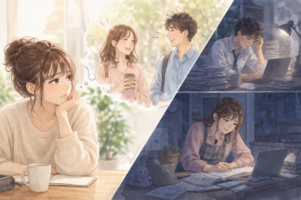 自分だけが苦労していると思っている女性。しかし見えないところでみんな苦労をしていることを表現。