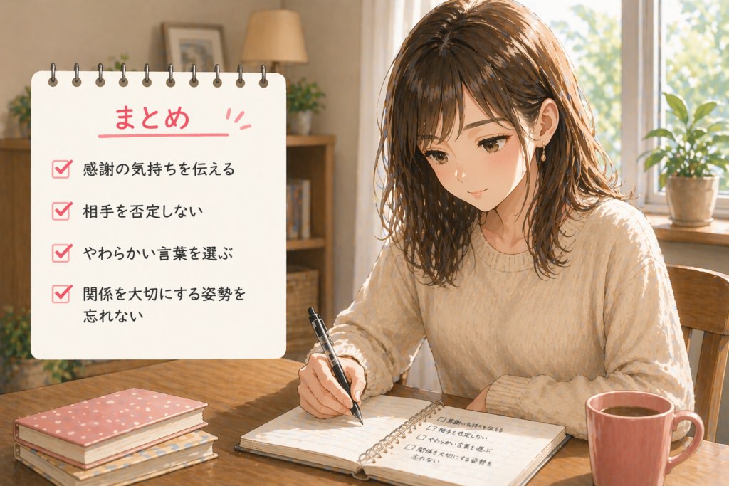 デートの断り方のポイントをノートにまとめる女性。