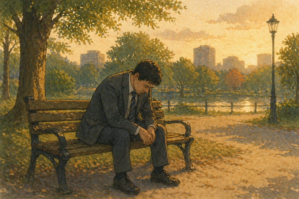落ち込んだ様子の男性が公園のベンチに座ってる。