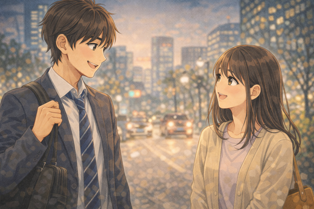 仕事終わりに女性と会うモテる男性。脈ありのときは時間を使ってくれることを表現。