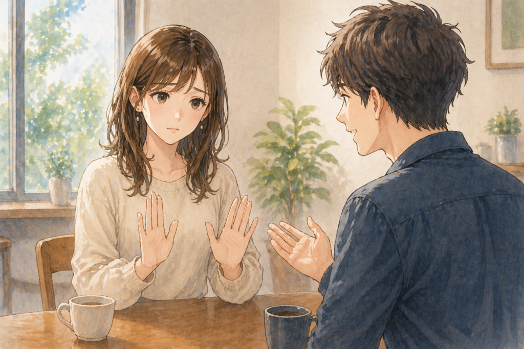 男性にデートに誘われるがやんわり断る女性。