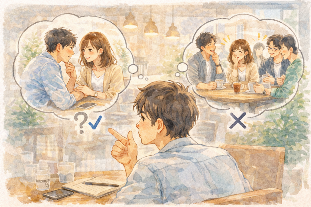 女性の日頃の接し方を見て冷静に脈ありか分析する男性。