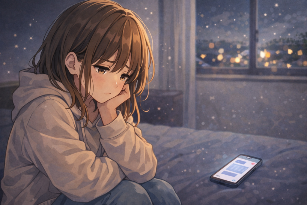 好きすぎてつらいと、夜にひとり自室で悩む女性。