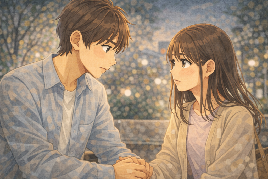 真剣な表情で女性を見つめる男性。本気で好きのときはしっかり相手と向かい合うことを表現。