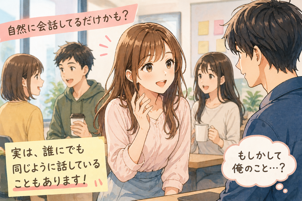 よく話しかける女性の心理をテキスト付きで解説するイラスト。