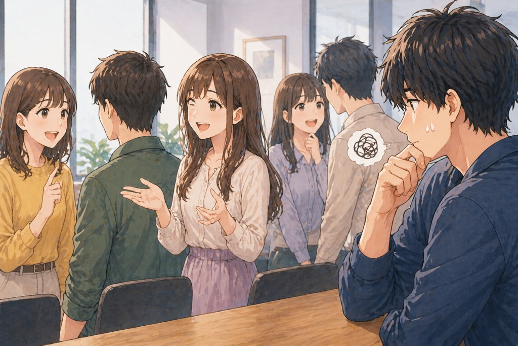 誰にでもよく話しかける女性の場合、脈ありとは言えないことを表現するイラスト。