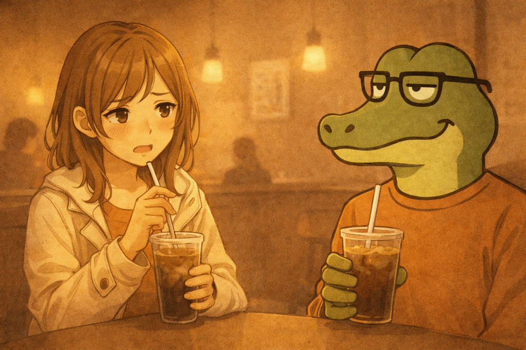 得意なことがないと愚痴るミユ。それを聞くワニオ。