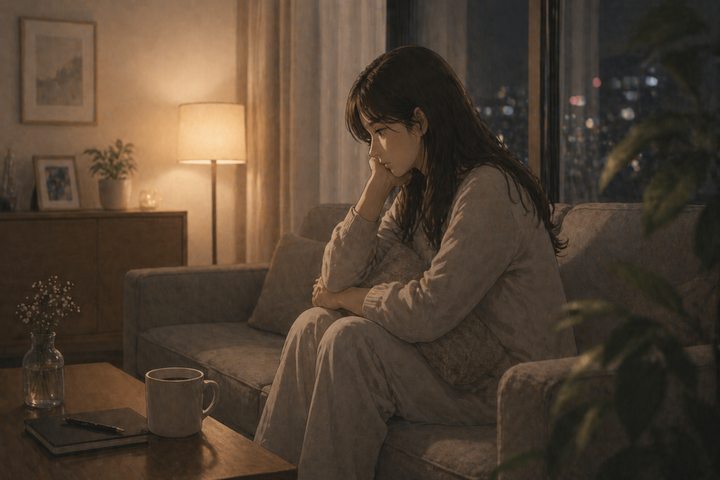 夫に愛されていないと感じてひとり悩む女性。