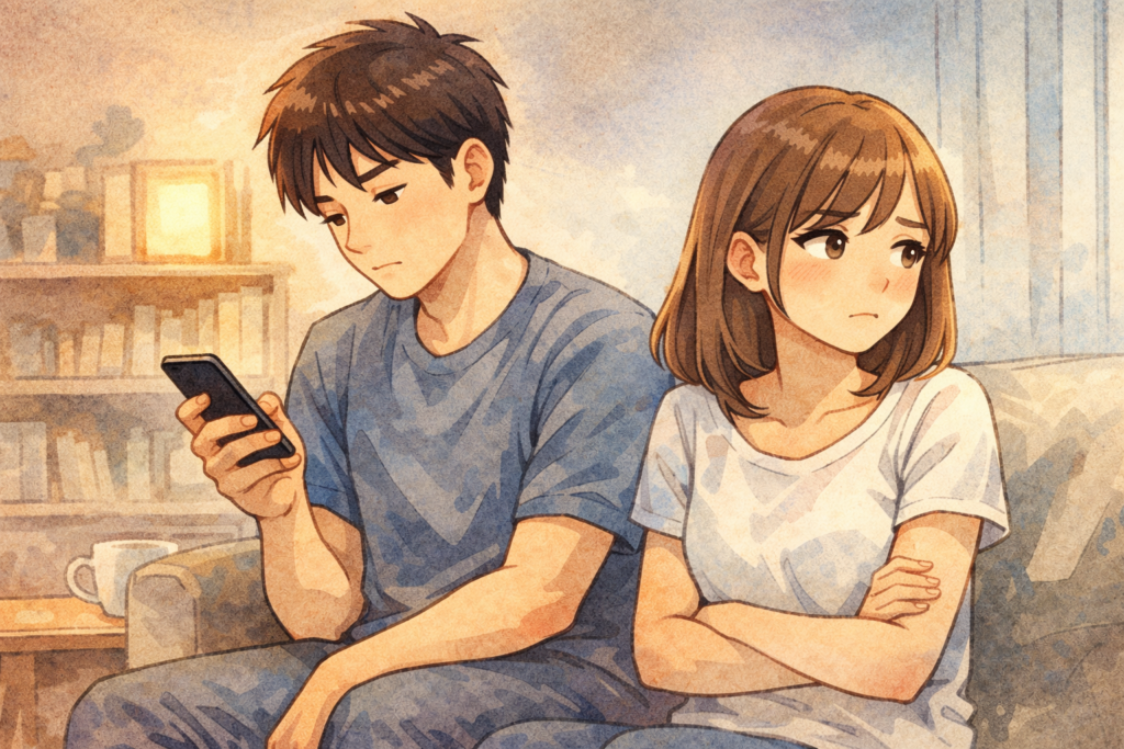 無関心な彼氏と不満げな彼女。彼氏の気持ちが冷めているのを表現。