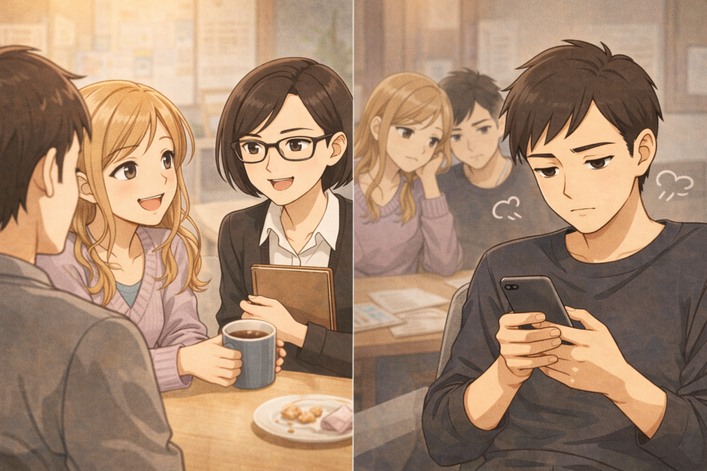 二画面に分割。左は会話に参加して好かれる男性。右はスマホに夢中で気遣いなしの嫌われる男性。